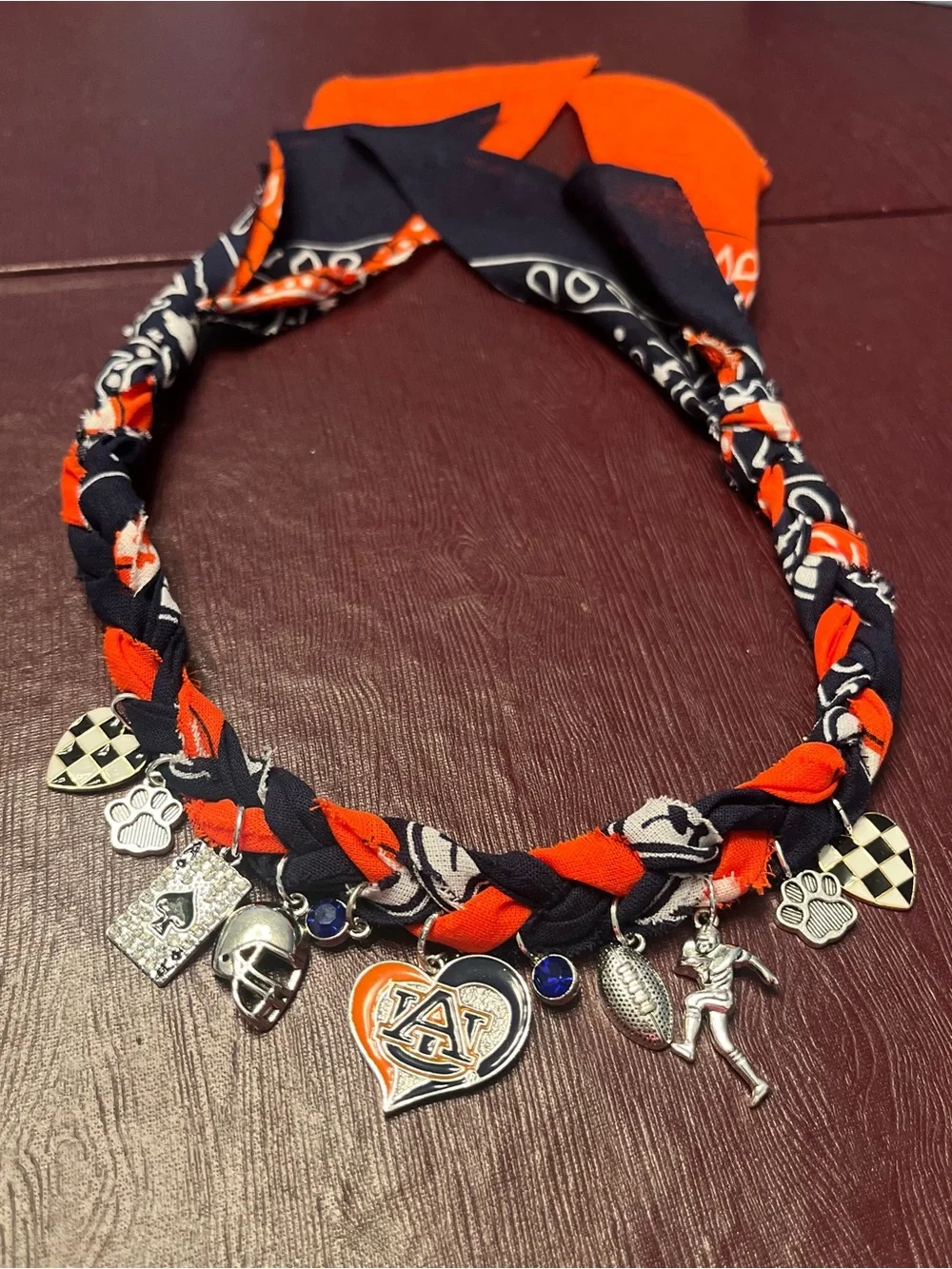 Auburn Tigers Braided Bandana Necklace, Orange and Navy Game Day, 27”